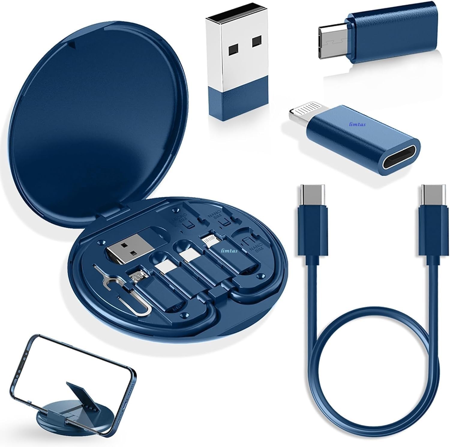 All in one 60W USB Fast Charging Travel Data Cable Set Multifunctional Conversion Head Portable Multi-Type Charging Connector USB TypeC Adapter Sim Storage with Sim Eject Pin and mobile stand