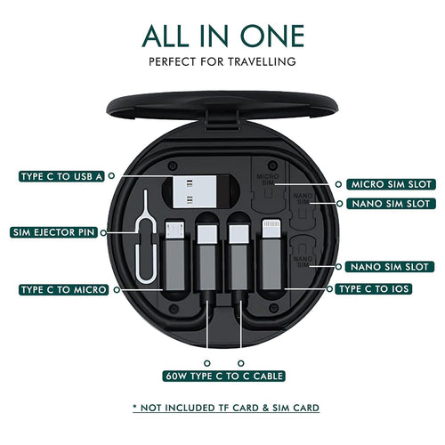 All in one 60W USB Fast Charging Travel Data Cable Set Multifunctional Conversion Head Portable Multi-Type Charging Connector USB TypeC Adapter Sim Storage with Sim Eject Pin and mobile stand