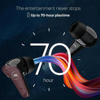 Wireless earbuds with colorful design on a dark background, highlighting 70-hour playtime feature.