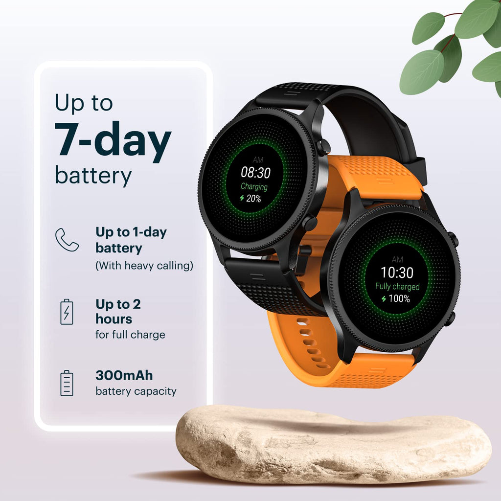 Smartwatch with orange band on a light gray background with battery information text.