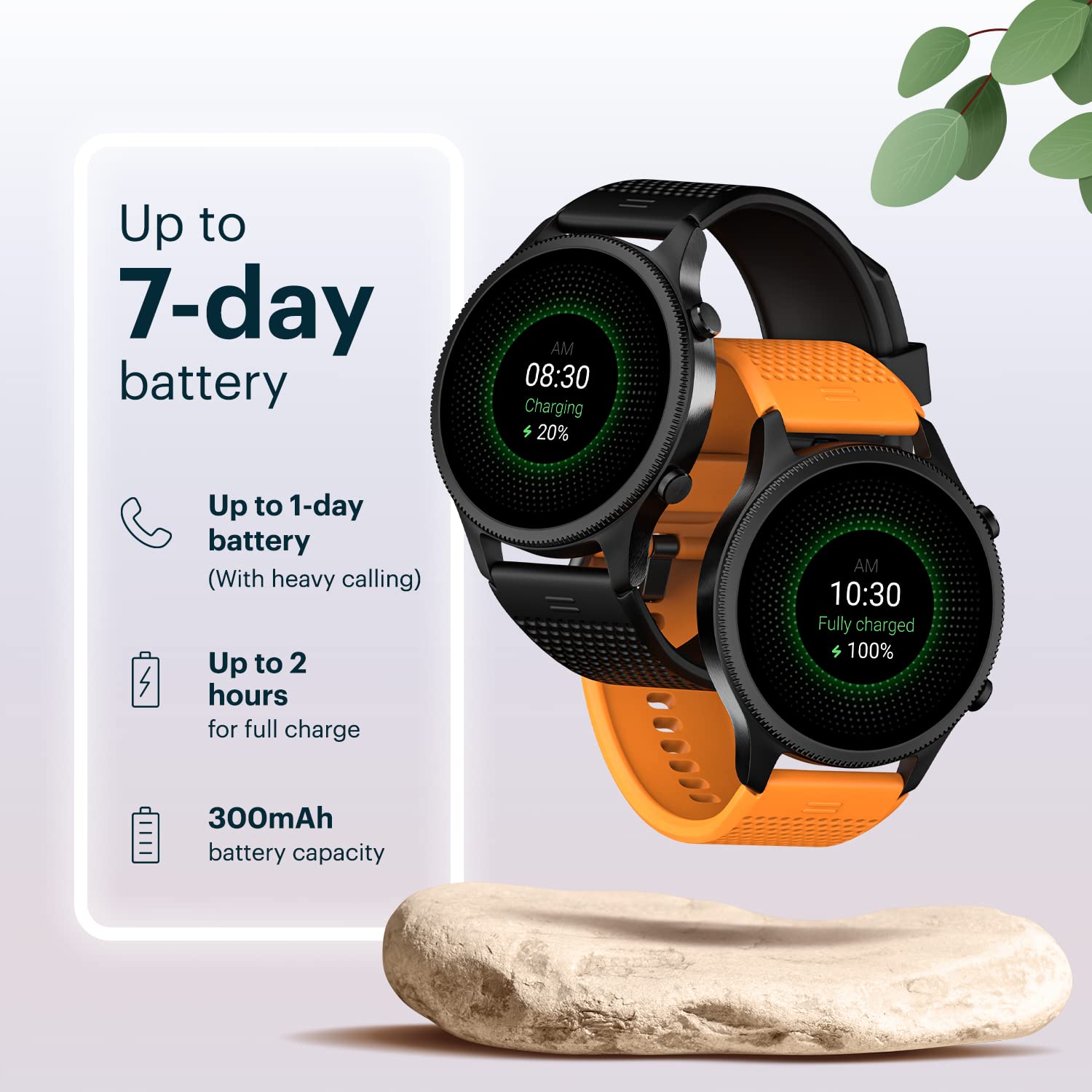 Smartwatch with orange band on a light gray background with battery information text.
