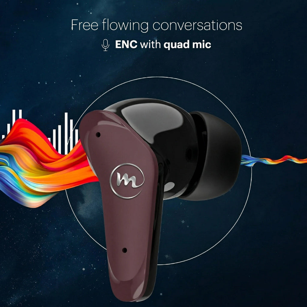 Wireless earbuds with quad mic on a dark background with colorful accents