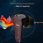 Wireless earbuds with quad mic on a dark background with colorful accents