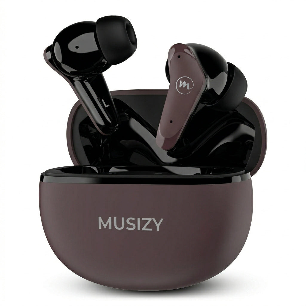 Black wireless earbuds in a open charging case on a white background