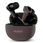 Black wireless earbuds in a open charging case on a white background