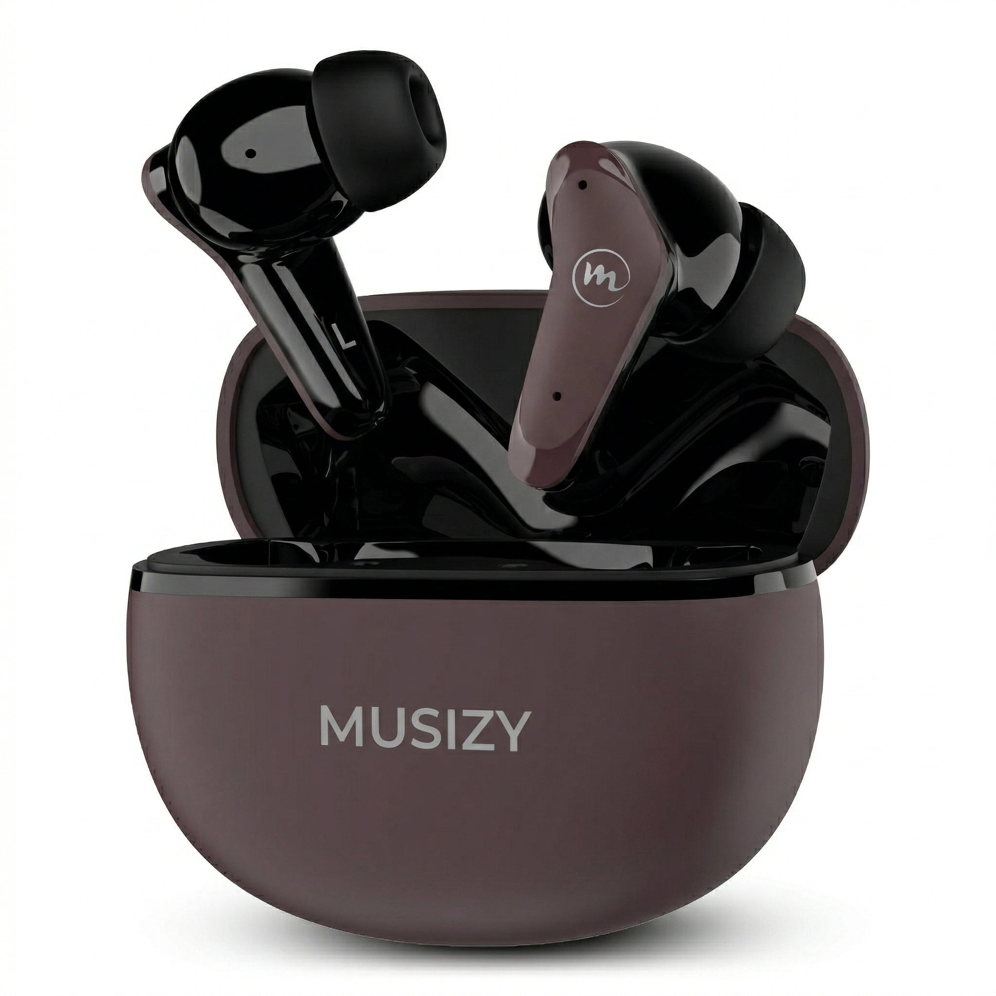 Black wireless earbuds in a open charging case on a white background