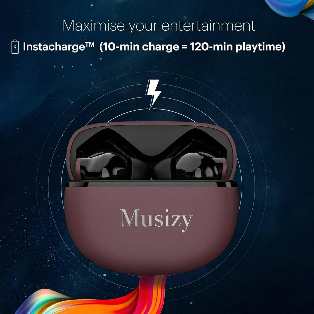 Musizy earbuds in charging case with colorful design on a dark background