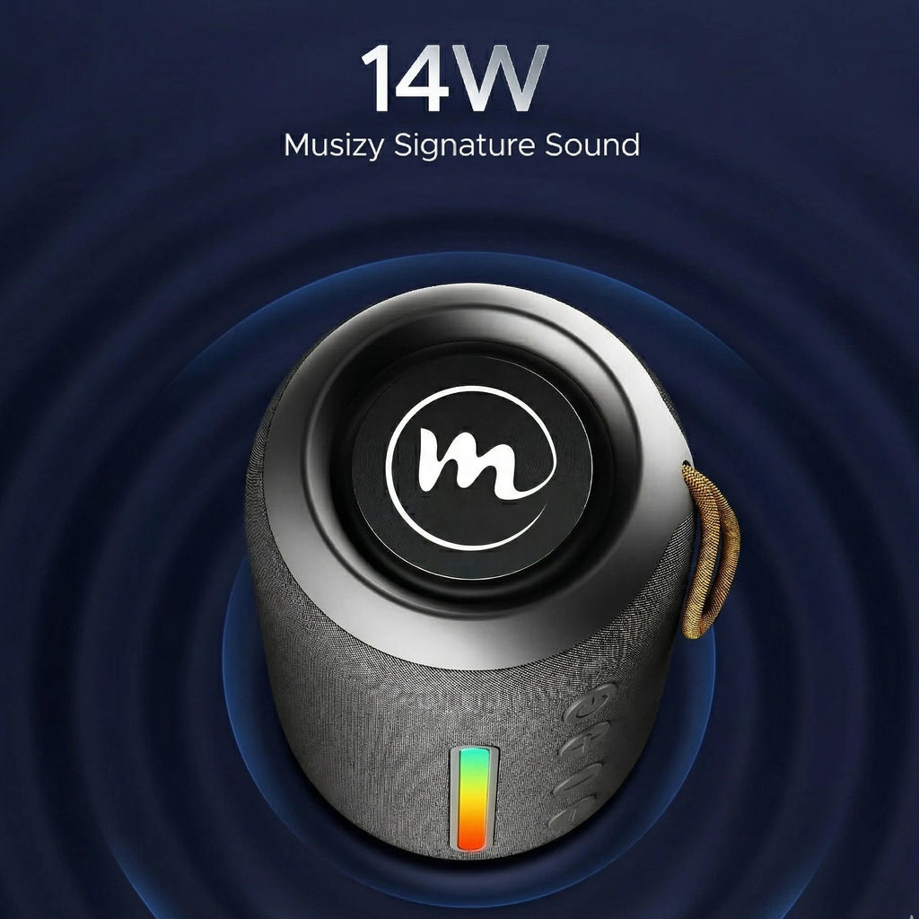 Portable speaker with 'Musizy' branding on a dark blue background