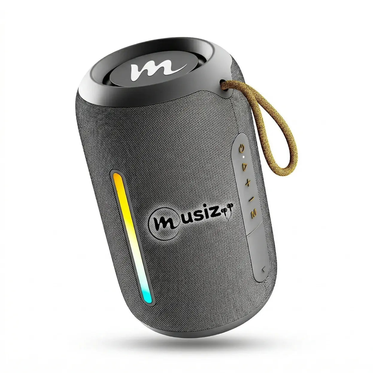 Gray portable speaker with 'musizer' branding on a white background